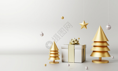 快乐的圣诞节成套装饰和配有Xmas树金星礼物盒和银灰背景的雪花假日和3D对象概念插图前夕金子背景图片