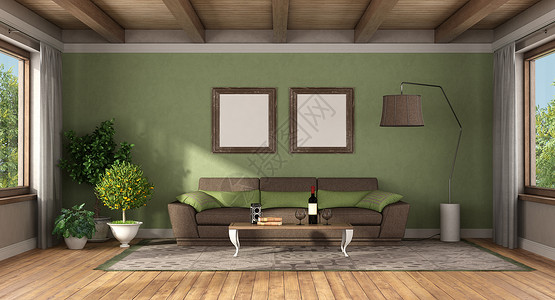 古典式客厅用棕色沙发抵挡绿墙3D制成古典式客厅用棕色沙发室内的空木制图片