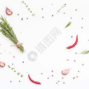 食谱物百里香白色背景的绿草药和香料以及复制空间菜单框架设计带有烹饪素材的食品模式背景平直俯卧在顶部背景图片