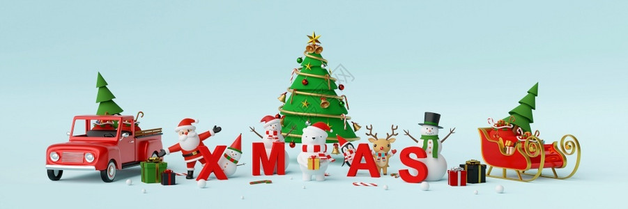盒子新的圣诞快乐年圣诞老人的班纳背景和圣诞人物XMAS3D翻译三封信圣诞节设计图片