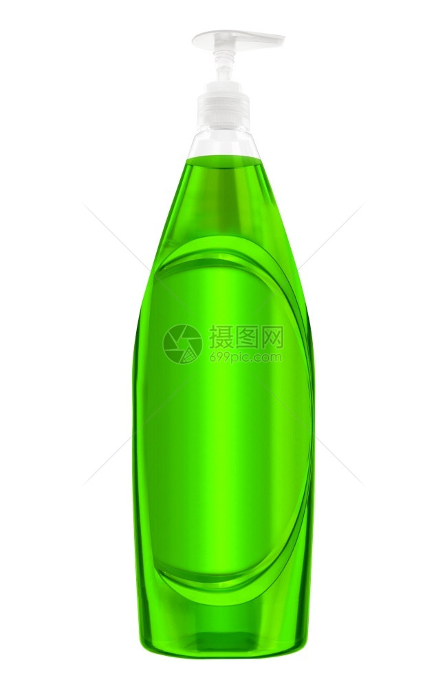 装有液体洗衣涤剂的绿色塑料瓶盘子工作室卫生图片