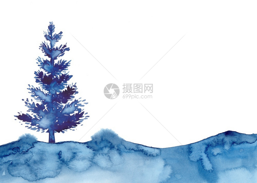 装饰艺术颜色水彩风格XMAS松树和雪隔离插图圣诞新年Wallpepr或横幅蓝色刷子绘画圣诞冷杉插图在纸上绘制云杉水彩风格蓝色刷子图片