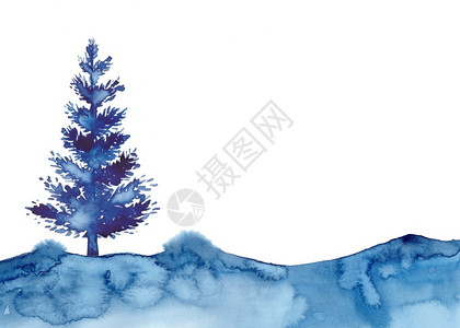 松树上的雪装饰艺术颜色水彩风格XMAS松树和雪隔离插图圣诞新年Wallpepr或横幅蓝色刷子绘画圣诞冷杉插图在纸上绘制云杉水彩风格蓝色刷子插画