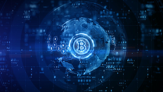BITCOINBitcoin块链加密通货币数字加密货币兑换技术全球网络连接背景概念3D招标三维商业插图区块链设计图片