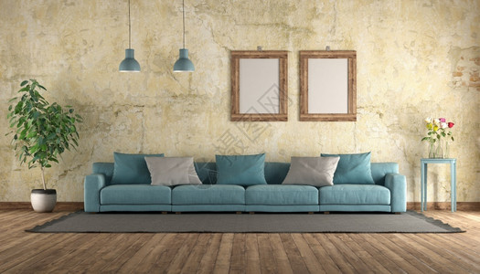 灯现代蓝色沙发在一个旧房间里有墙壁的老房里三D制成现代蓝色沙发在一间古屋里家玫瑰背景图片