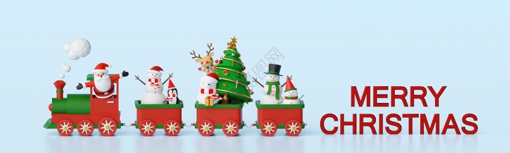 圣诞老人驯鹿糖果圣诞快乐和新年班纳背景圣诞老人和朋友在圣诞火车上熊企鹅设计图片