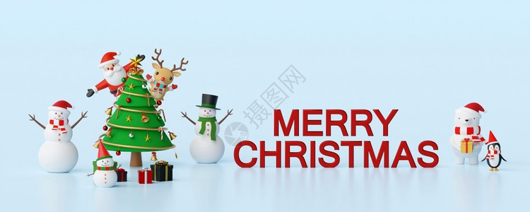 礼物企鹅有创造力的圣诞快乐和新年圣誕老人与朋友庆祝圣诞节日的班纳3D背景图片