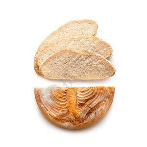 圆形的烤谷物面包切片隔离在白色背景顶部视图圆形烤谷物面包店子背景
