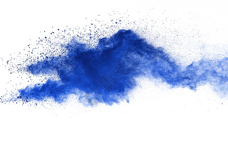 剪下蓝色粉末在白背景上爆炸的冻结运动涂料Holi烟云图片