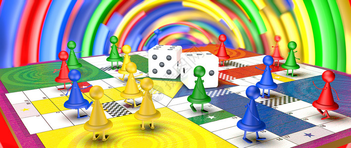 游戏骰子步行可爱的团体幻想红色蓝黄和绿棋盘游戏筹码脚和手走在棋盘上中间有两个骰子背景是不聚焦的彩色圆圈3D插图红色黄和绿棋盘游戏筹码在上设计图片
