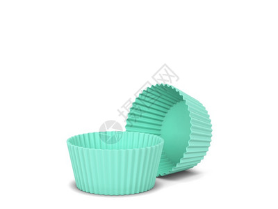 绿色纸杯柔软的白纸杯蛋糕硅形式3d插图在白色底面包圈中隔离目的厨房设计图片