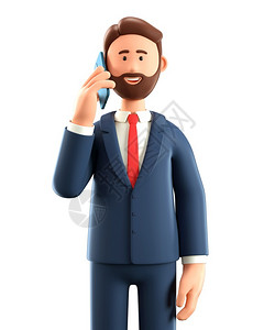 相互作用办公室司的3D脱口秀者在电话上聊天的站立快乐男人例子关闭可爱笑的留胡子商人肖像使用智能手机孤立在白色背景卡通商业男人物身背景图片