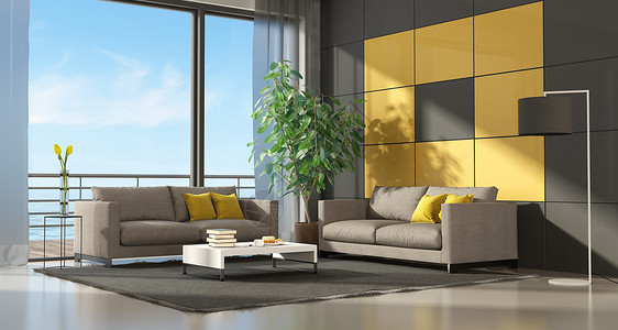 多款黄黑地毯图书居住两张沙发黑和黄色面板3D制成灰色和黄现代客厅2张沙发3D制成的2张沙发设计图片