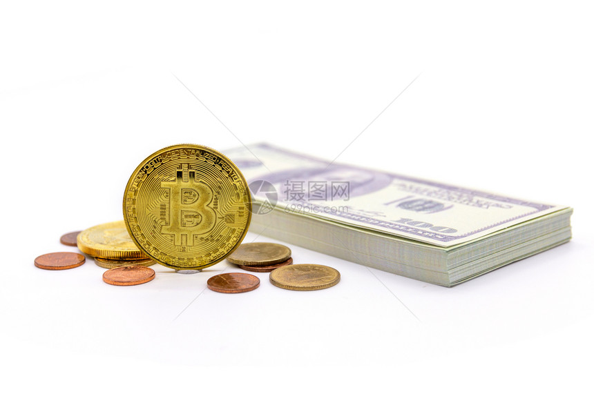 钱金子白背景的比特币和美元速度图片