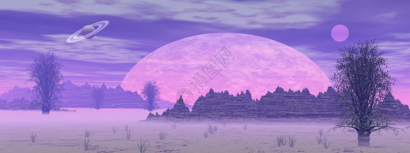 离奇的沙漠充满岩山树木雾和行星的紫色地貌岩石图片