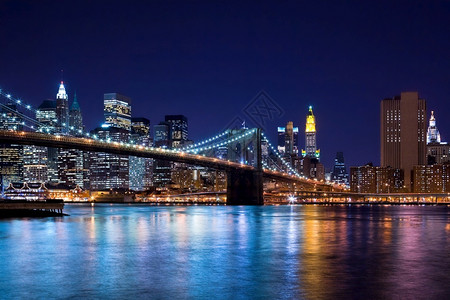 纽约市和布鲁克林大桥夜间的天线著名吸引力美国人办公室高清图片素材