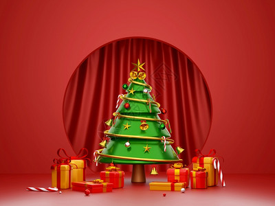 明信片喜庆的圣诞树和带有红幕背景的礼品盒象圣诞老人图片