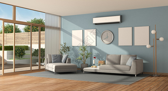 护发素白色的一个现代别墅蓝色客厅有沙发聊天室和空调机3天建成一个现代别墅的蓝灰色客厅软垫背景图片
