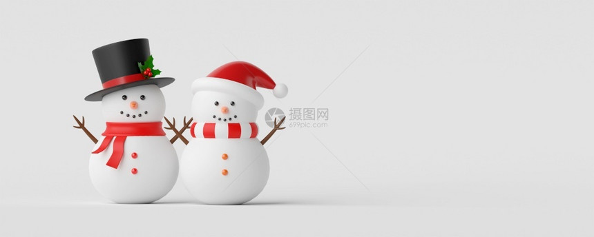 白色背景的雪人3d插图横幅松树假期礼物图片