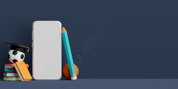 笔记本技术电子学习在线教育概念带有用品的智能手机Banner3d说明背景图片