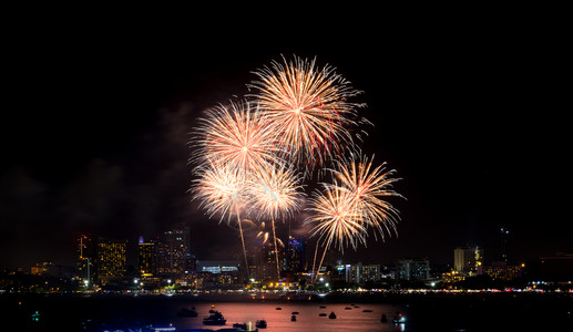 火派对节日新年的烟花在夜场节庆中横越城市风景欢庆快乐图片