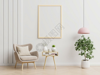 希格斯室内客厅空白墙上贴有垂直框架的海报模型蓝色天鹅绒臂椅3D木制的装饰风格斯堪纳维亚语设计图片