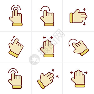 触碰手技术点击使用现代数字装置的人类基本手势图标集矢量设计旋转插画