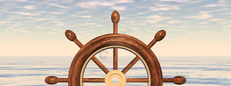 木制游览船导航渲染海洋日落时在面对的船舶方向轮3D使海上对面的船舶方向轮变成3D设计图片