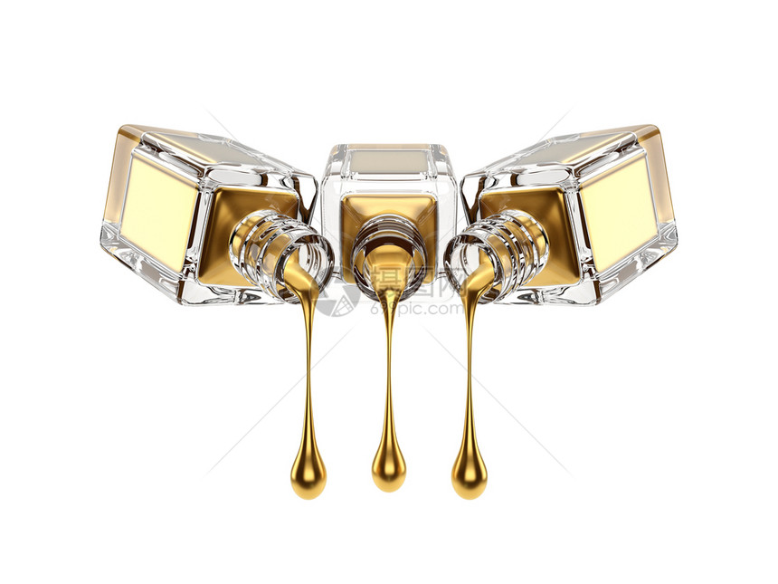 金的光泽度时尚3个插图黄金指甲油瓶装有滴子白上孤立有剪切路径图片
