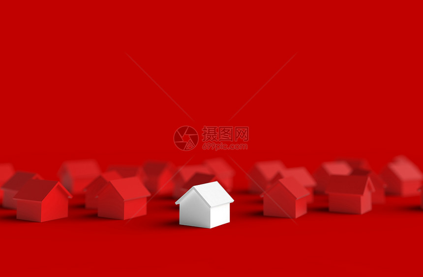 红色背景3D上隔绝的模糊房屋组说明最好的经济销售图片