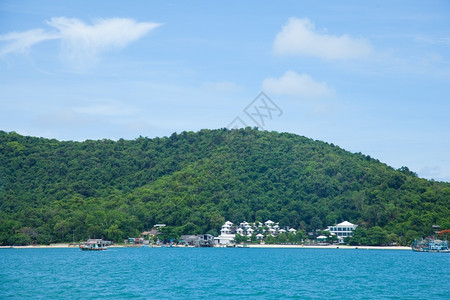 泰国海滨岛上有棵树覆盖山岳和清水天空澈明建造图片