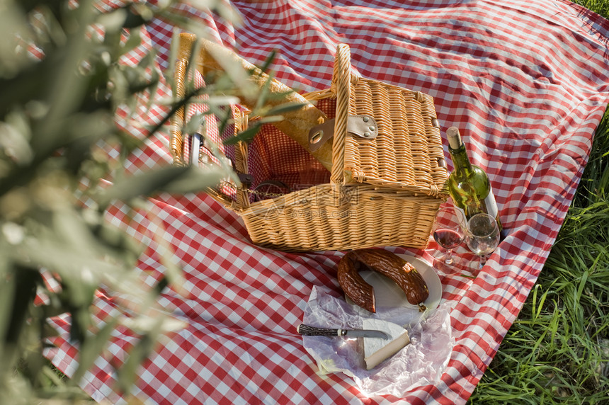 美丽的户外夏季配有食物和饮料的彩礼篮子草图片