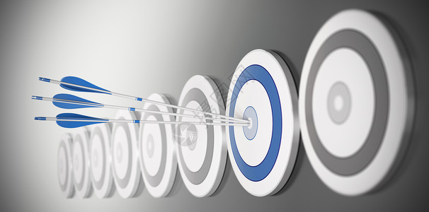 阁下三支箭击中蓝目标的心连续有许多目标其模糊效果商业概念Business市场镖一种设计图片