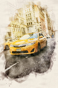 纽约出租车新的纽约市街头一辆黄色计程车的水彩画图示湿的商业插画