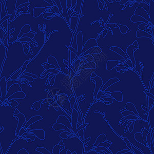 玉兰花图案无缝的复古夏天蓝色花卉背景与树枝和玉兰花无缝图案与玉兰树开花天设计与卉元素手绘植物插图蓝色花卉背景与树枝和玉兰花无缝图案与玉兰设计图片