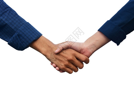 人类记者办公室握手在白色背景成功项目信任概念图片
