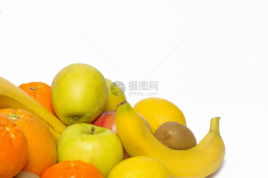 有机的将白色背景本底水果上孤立的新鲜水果组合成一片喝吃图片