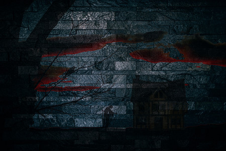 红色万圣节树卡片邪恶的万圣节恐怖的场景巫树和鬼屋在石墙背景上牌设计图片