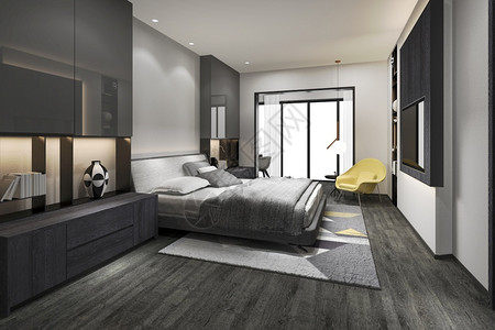 当代的休息白色3d提供美丽的豪华卧室套房在酒店与电视图片