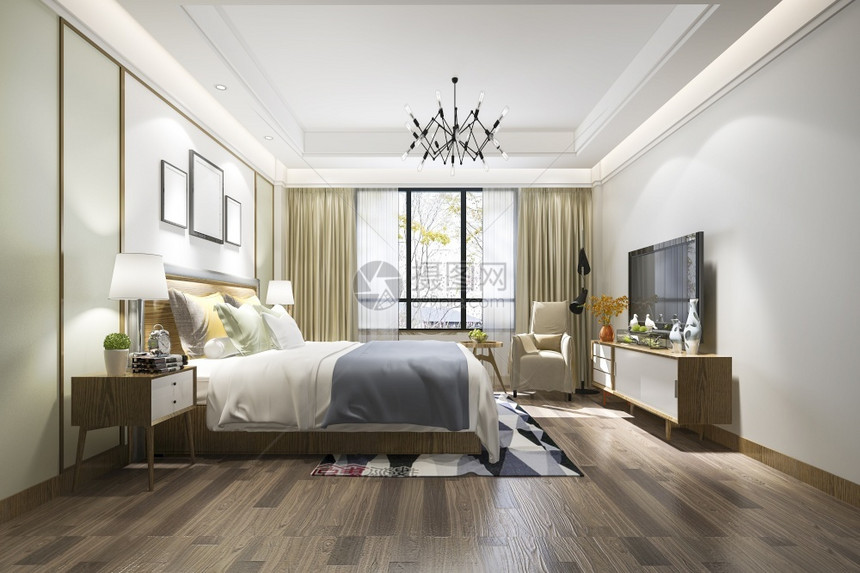 3d提供美丽的豪华卧室套房在酒店与电视床当代的沙发图片