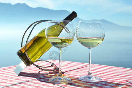 Wine诉日内瓦拉沃湖瑞士送达乡村的瓶子图片