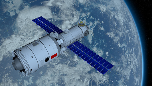 天宫素材背景天宫三号的河核心舱3D模型空间站在黑色与恒星背景上绕地球运行3D插图天宫三号的河核心舱空间站在黑色与恒星背景上绕地球运行3D插图背景