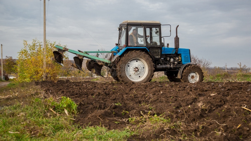 用拖拉机进行农业工作耕地秋季在田间工作用拖拉机进行农业工作耕地植物犁行业图片