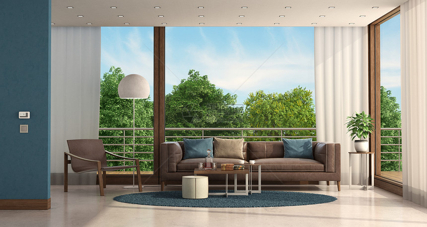 地毯桌子棕色的一个现代别墅最小客厅有皮沙发和扶手椅3D为一个配备皮革家具的现代别墅提供最小型客厅图片