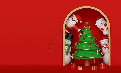 问候特点圣诞快乐新年圣诞树老人和朋友3D卡通片背景图片