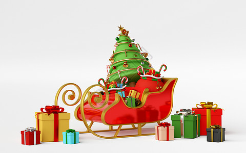 平底雪橇装饰盛满圣诞礼物和树的雪橇剧场3D盒子冬天设计图片