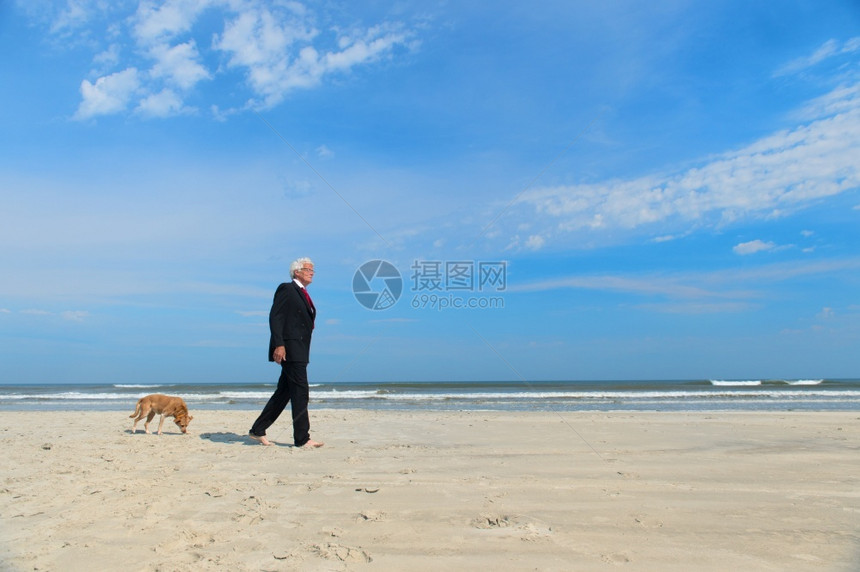 步行商人穿正规西装在海滩上走狗首席执行官放松图片