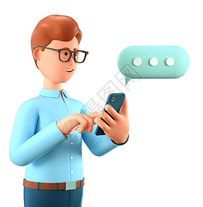 漫画手机素材移动的展示3D男在智能手机和语音泡上聊天的3D插图Cute漫画笑着的商人在社交网络移动连接中交谈和打字商业设计图片