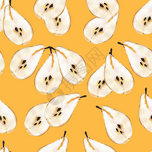 黄牛百叶片无尽的有机黄梨手绘样板用于印刷纺织物品壁纸海报和种子无缝版面的切片梨子画像等重复插图营养设计图片