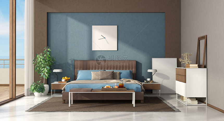 居住水泥蓝色和棕卧室有皮革双床露台和抽屉胸柜3D制成蓝色和棕现代主卧室木头图片